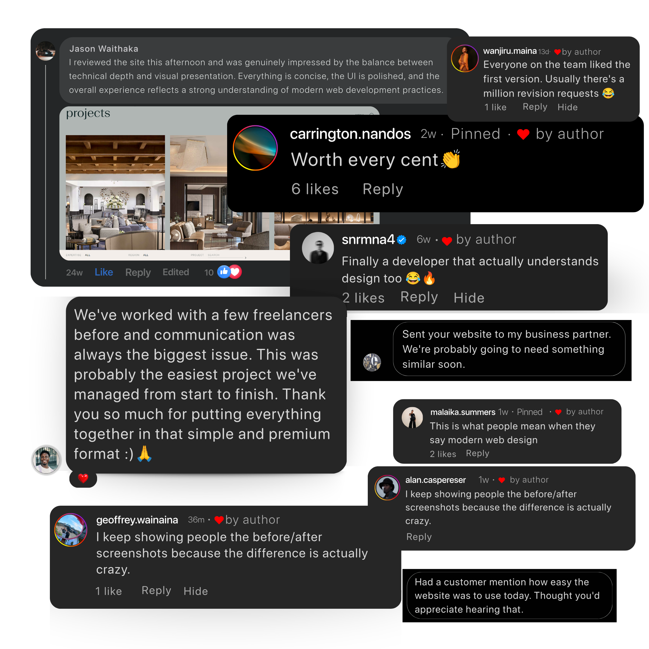 A collage of social proof comments and reviews